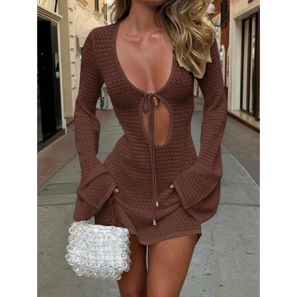 Damen V-Ausschnitt Langarm Häkel-Minikleid Bodycon Lässig Strand Badebekleidung Überwurf
