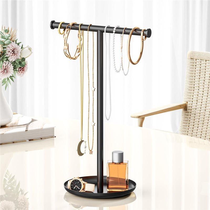 Stojak Organizer na Naszyjniki z Tacką do Przechowywania - Stojak na Biżuterię w Kształcie T na Bransoletki, Kolczyki, Pierścionki Stylowy Design