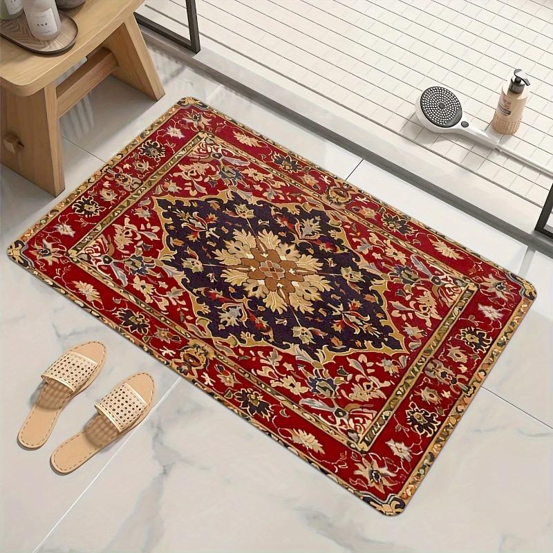 Vintage Boho Non-Slip Doormat Retro Floral Design Red Beige Indoor Outdoor Entryway Mat with Rubber Backing Home Decor Area Mat