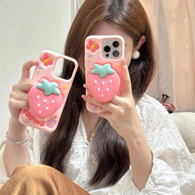 Custodia 3D Dolce Fragola con Supporto per iPhone 16 15 14 13 12 Pro Max Antiurto Copertura in Silicone Morbido con Supporto Porta Cellulare