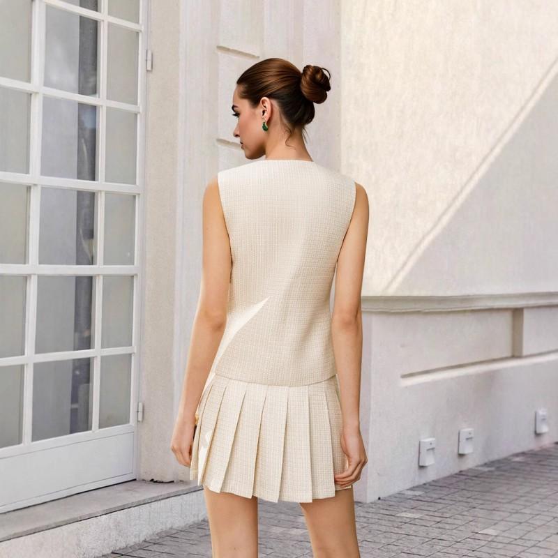 Elegant French Chic Sleeveless Vest Pleated Skirt Set Women Office Wear Casual Outfit