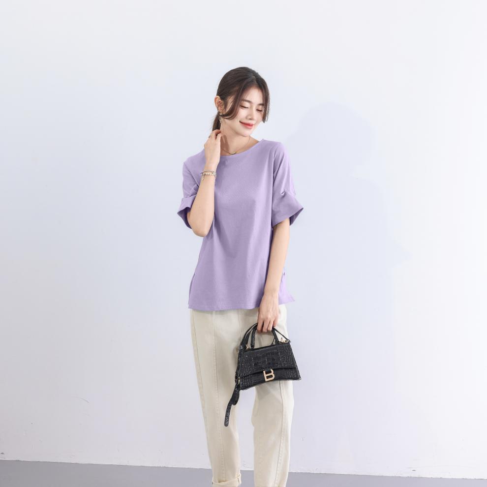 Cotton Blends T-shirt for Women Summer Japanese Solid Color Round Neck Flared Sleeve Basic Elegant Top