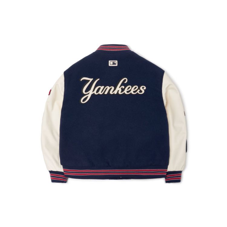 MLB Basic Logo Series New York Yankees Geometric Pattern Logo Embroidered Baseball Jacket Unisex jackets Blue White 3AJP38016-00NYD