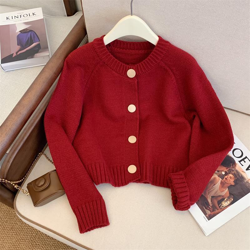 

Жіночий кардиган вільного в язання у французькому стилі - Осінньо-зимовий светр-пальто з довгим рукавом для мініатюрних S (for 80-95 jin) червоний