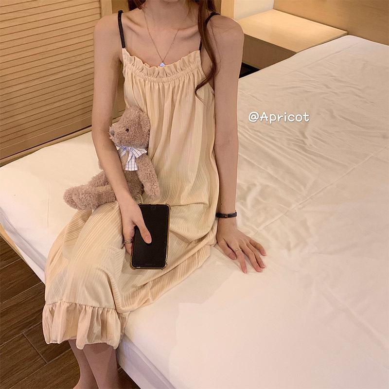 Mädchen Koreanischer Prinzessinnenstil Rüschen Einfach Süß Pyjama Damen Sommer Herbst Träger Mittellang Nachthemd Hauskleidung