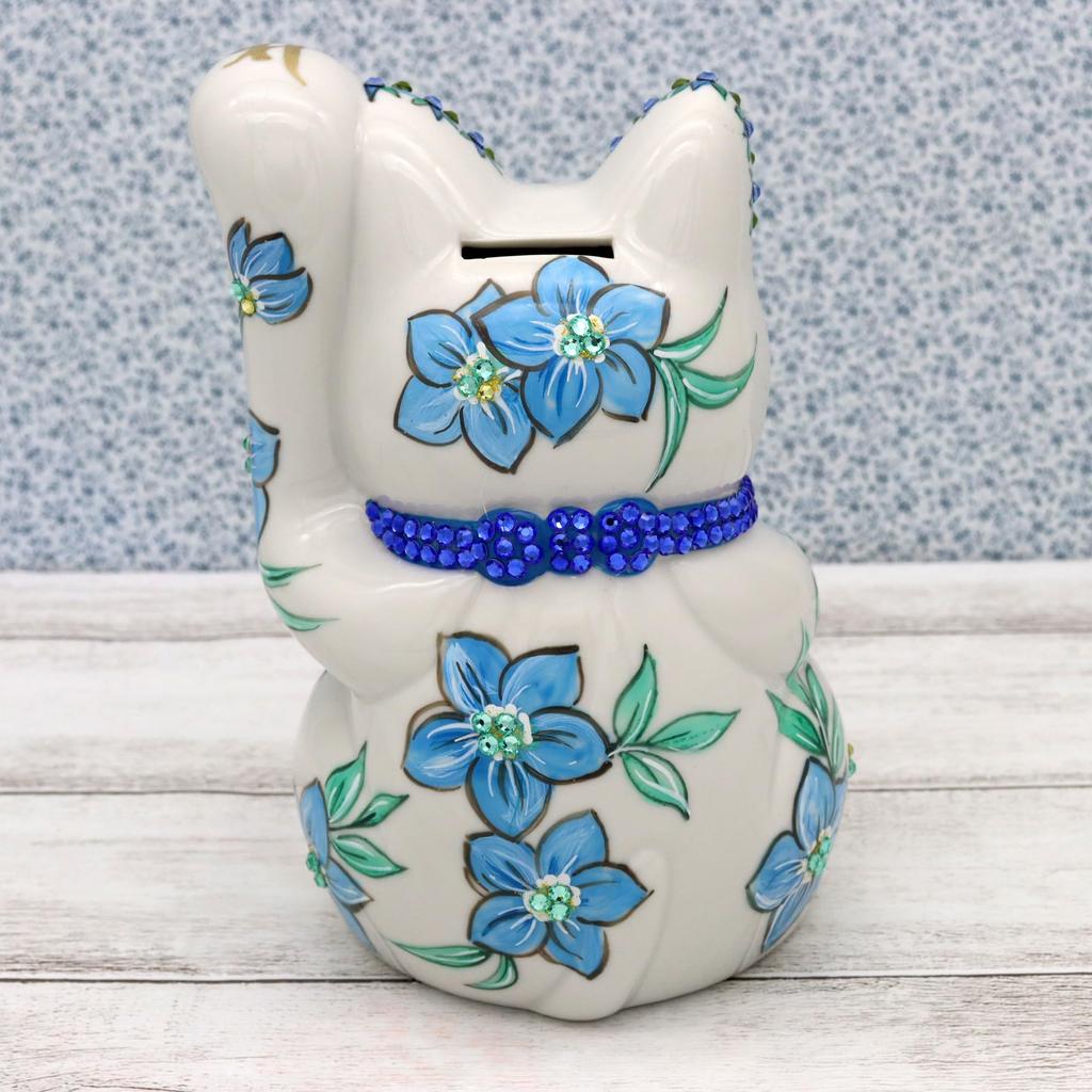 Craftsman House Lucky Charm Gorgeous Seto Ware by a Painter Handmade Made in Japan Maneki-neko (Blue) Hand-Painted