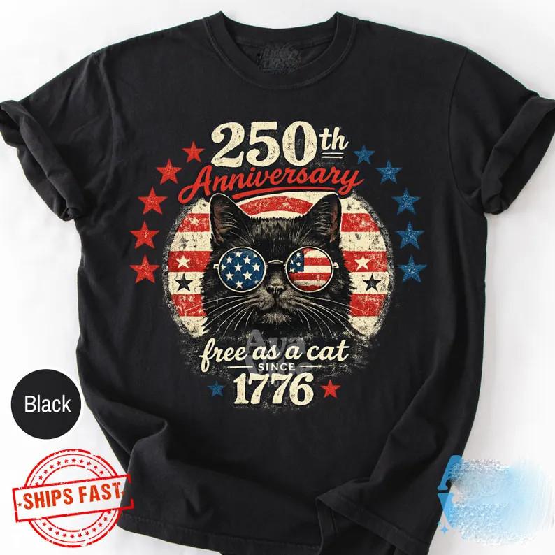 250th Anniversary America Cat Shirt - Patriotic Cat Tee - USA Flag Sunglasses Sh M
