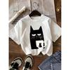 Kids Crewneck Short Sleeve T-Shirt, Cool Cute Black Cat Holding Mug Print Simple Trendy Summer Casual Tee
