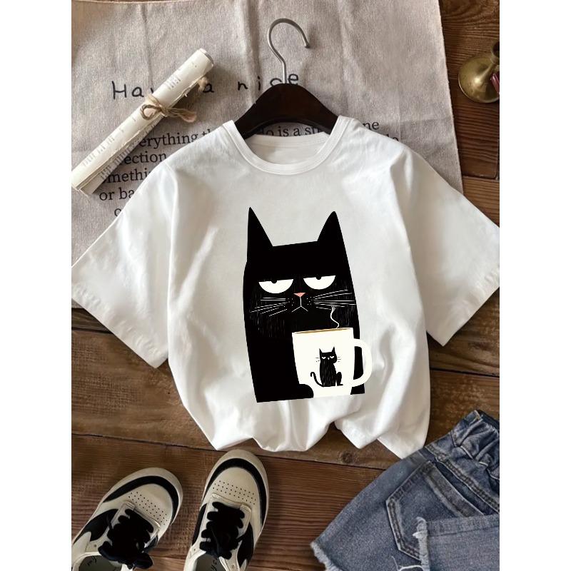 Kids Crewneck Short Sleeve T-Shirt, Cool Cute Black Cat Holding Mug Print Simple Trendy Summer Casual Tee 110 белый