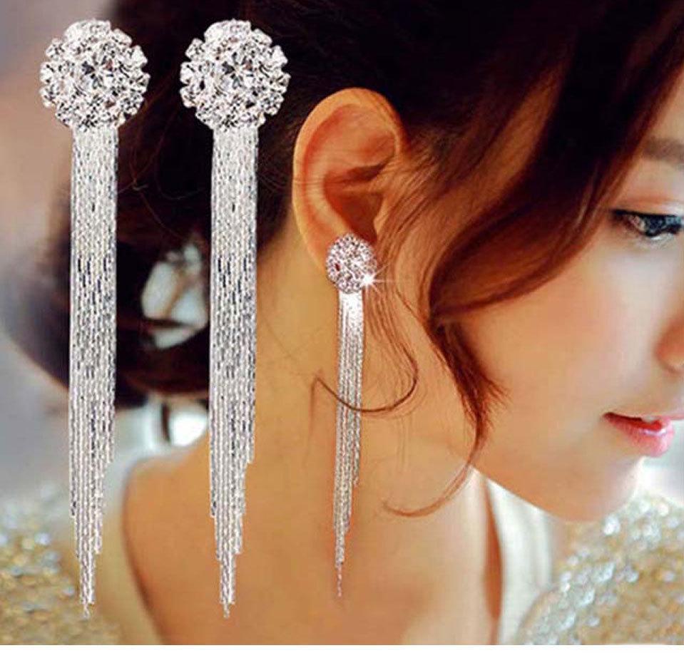 Korean Style Rhinestone Zirconia Tassel Bride Earrings Rhinestone