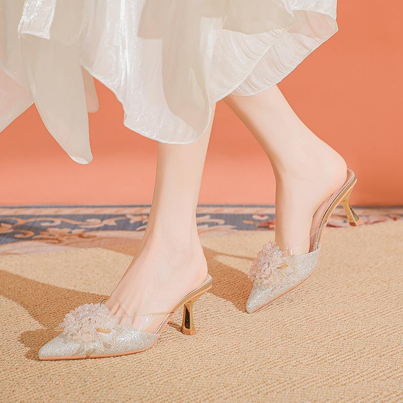 High-heeled Sandals Women's Bag Head Half Slippers Bow Flower Stiletto Outer Wear High-heeled Slippers Large Size 41-43