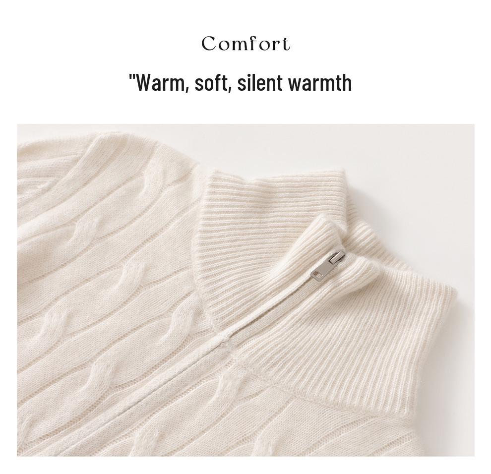 Lekasha Ribbed Aran Pattern Cashmere Cardigan - Soft Old Sheepskin Stand Collar Zipper Plush.