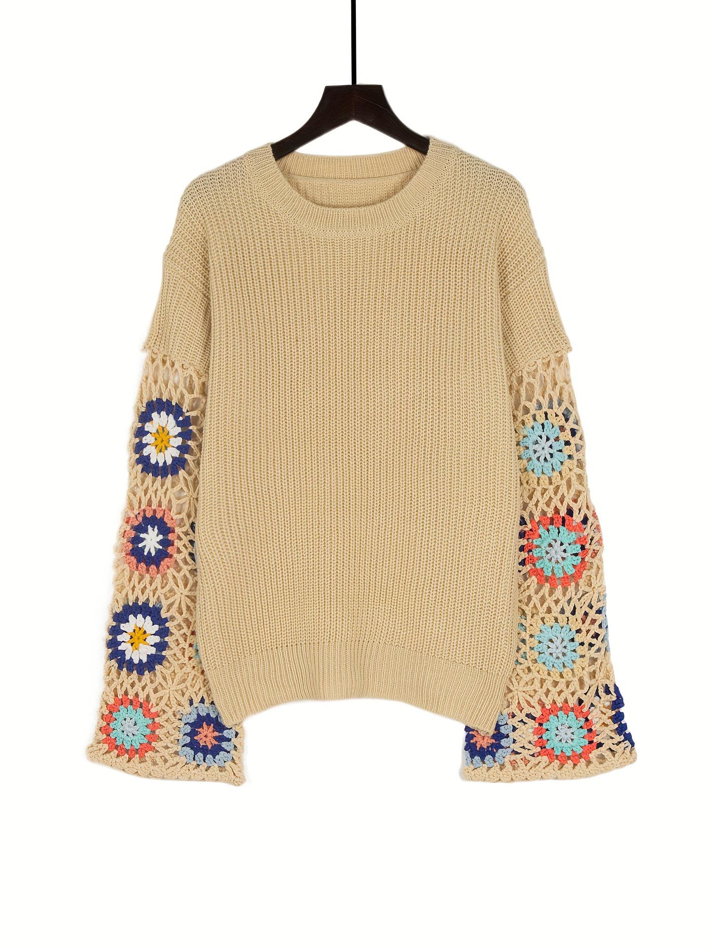 

Вязаный свитер смешанных цветов с рукавами-трубами и цветочным узором ручной работы – женский осенне-зимний пуловер с круглым вырезом. Large хаки