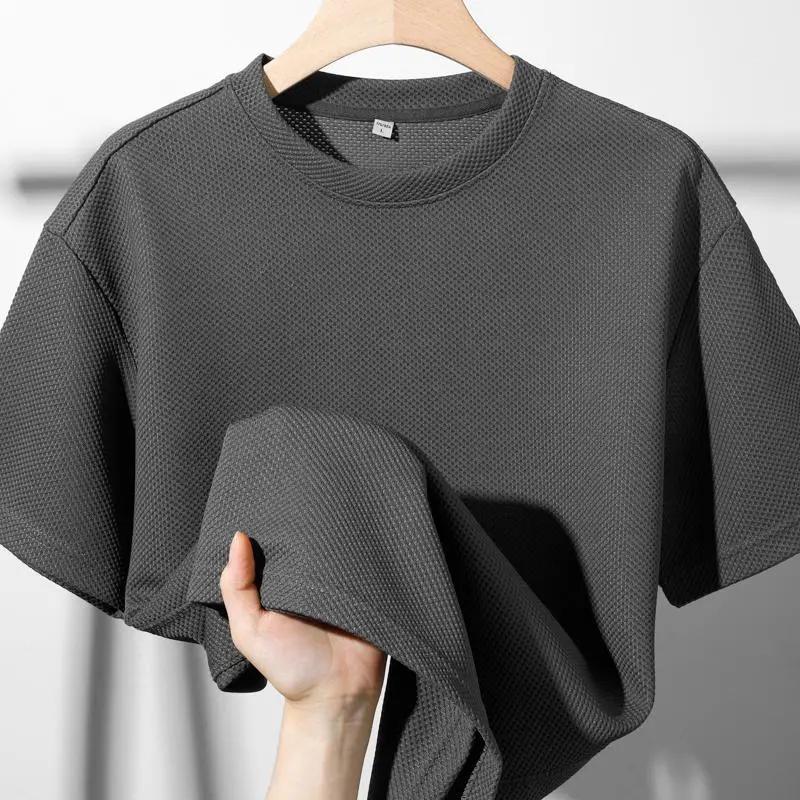 Round Neck Waffle Short-sleeved T-shirt for Men Loose Casual American Retro Solid Color Versatile Top Pullover