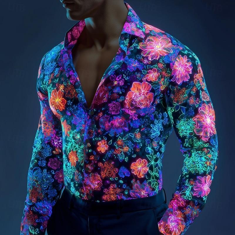 Men's Floral Print Neon Flowers Shirt Button Up Shirt Casual Dress Shirt Long Sleeve Streetwear Turndown 3D Print Collared Shirt