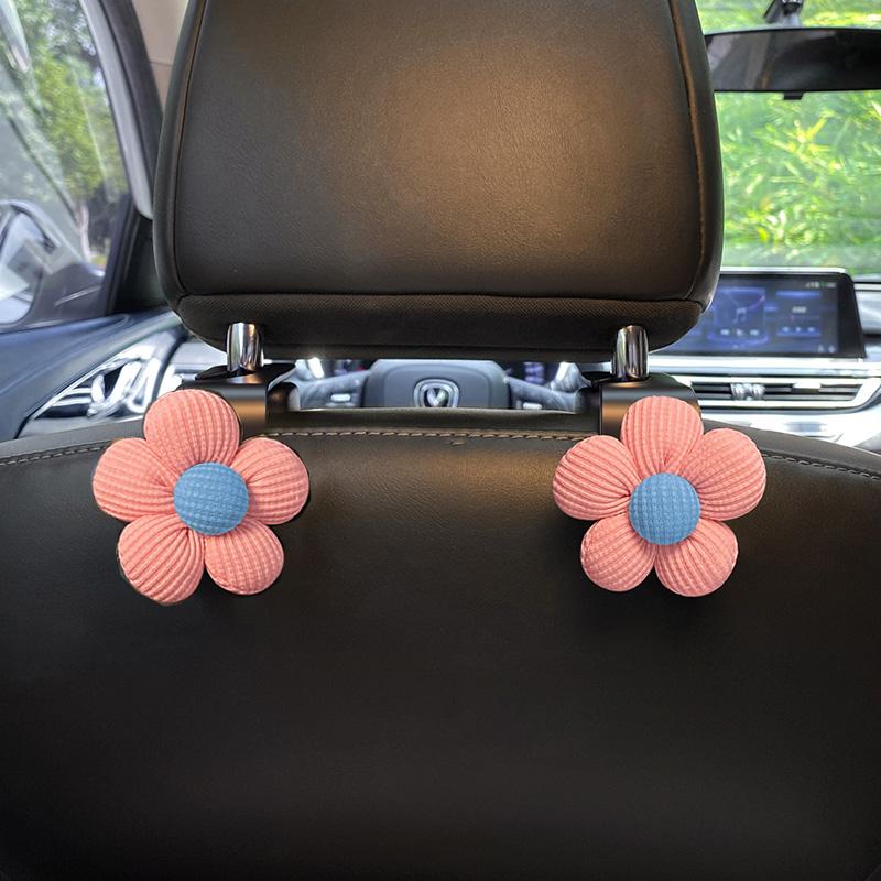 2PCS Cute Cartoon Flower Car Seat Back Hooks Storage Vehicle Headrest Organizer Hanger for Groceries Bag Handbag Auto Decor