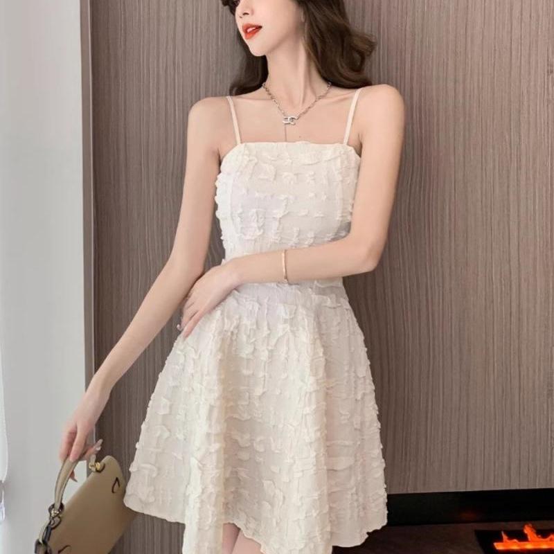 Women's Elegant French Style Strappy A-line Dress - Summer Textured Bandeau Skirt with Waist Cinch