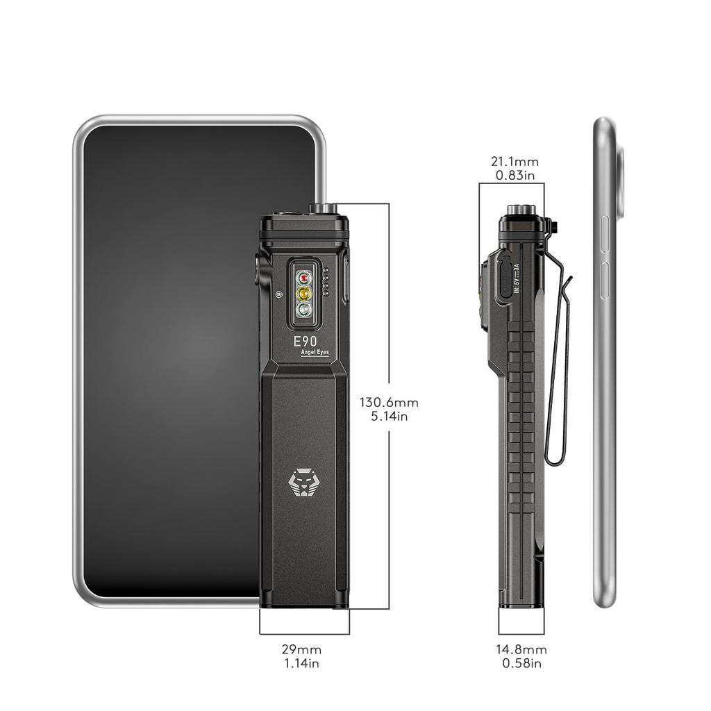 RovyVon E90 EDC dobíjecí plochá kapesní svítilna 3500 lumenů s pomocným bílým a červeným bočním světlem, odnímatelná, obousměrná, s klipem pro hluboké nošení, IP68