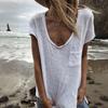 Women T-shirt Round Neck Short Sleeve Patch Pocket Tee Shirt Solid Color Loose Fit Thin Pullover Tops Daily Wear