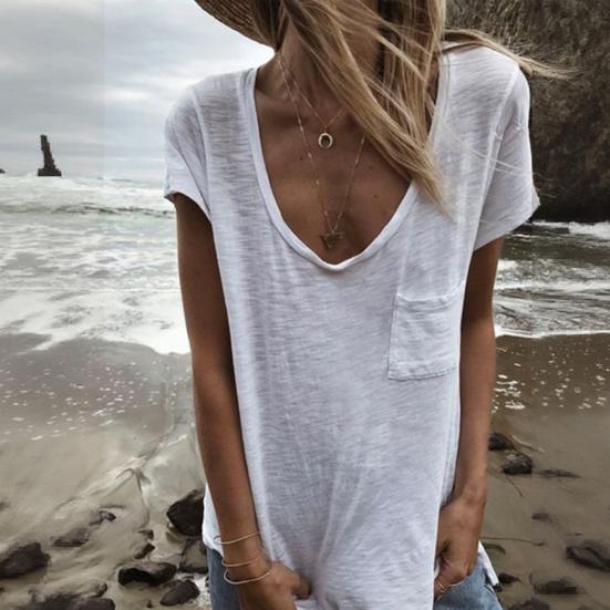 Women T-shirt Round Neck Short Sleeve Patch Pocket Tee Shirt Solid Color Loose Fit Thin Pullover Tops Daily Wear