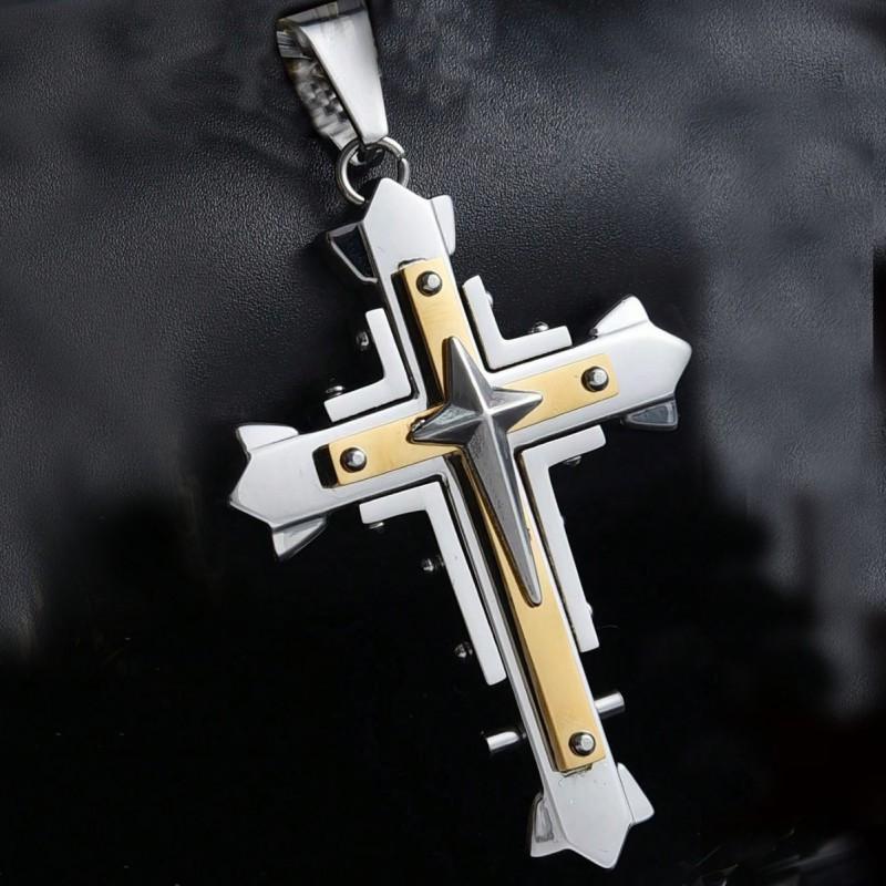 Stainless Steel Cross Pendant Necklace Men Women Geometric Layered Design Gold Black Finish 51-60cm Chain Length