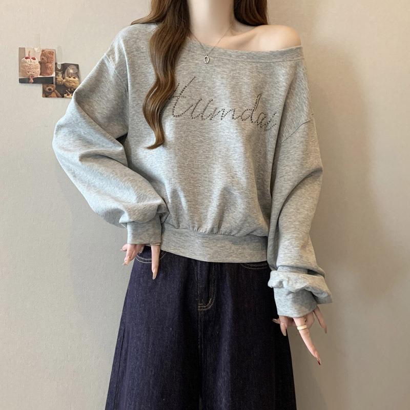 

Реальное фото свитер с воротником-лодочкой с открытыми плечами с длинными рукавами женский тонкий свободный короткий топ с горячими бриллиантами 2XL серый