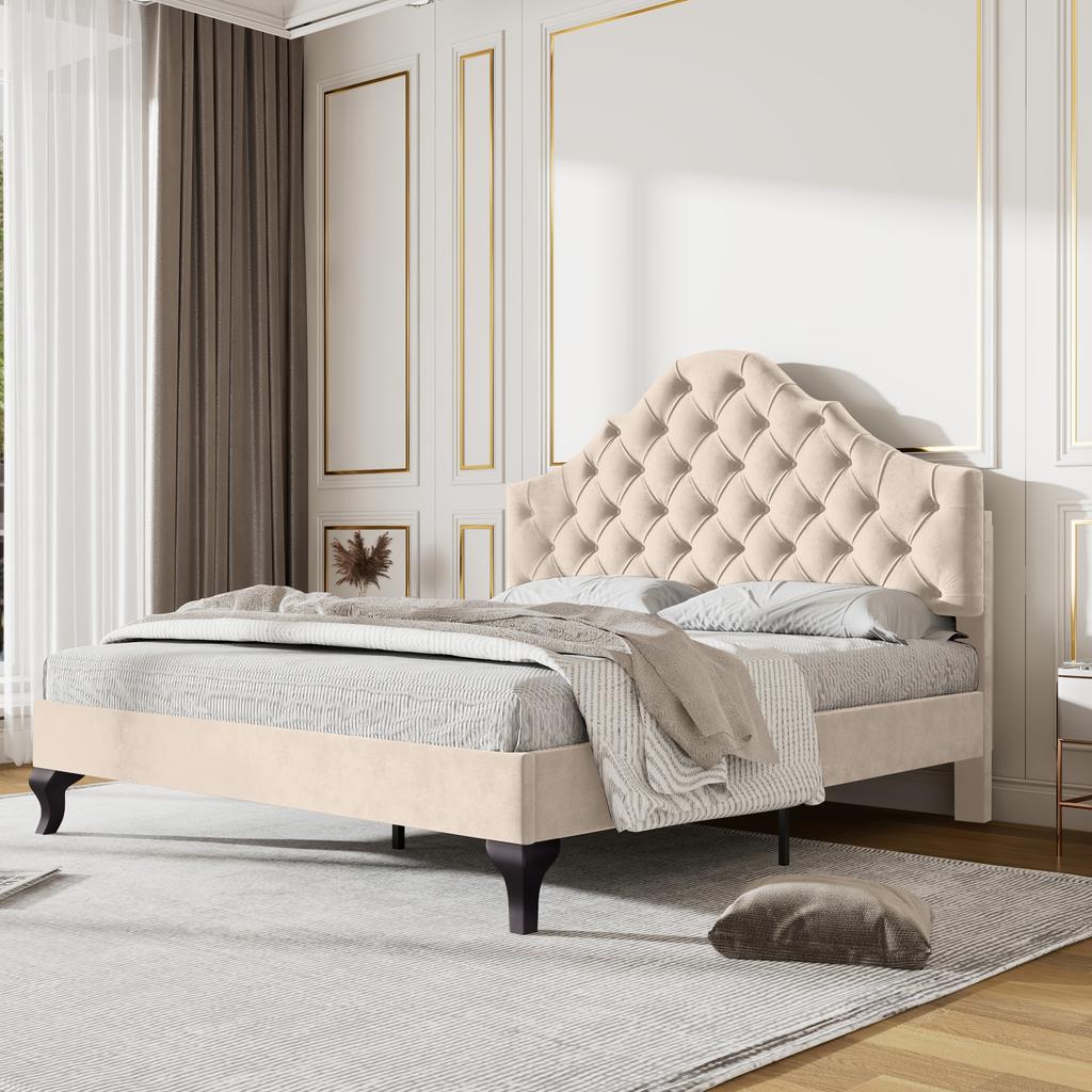 Polsterbett 140*190 mit Holzlattenrost und höhenverstellbarem Kopfteil, für Erwachsene und Jugendliche, Einfache Montage, Samt, Beige