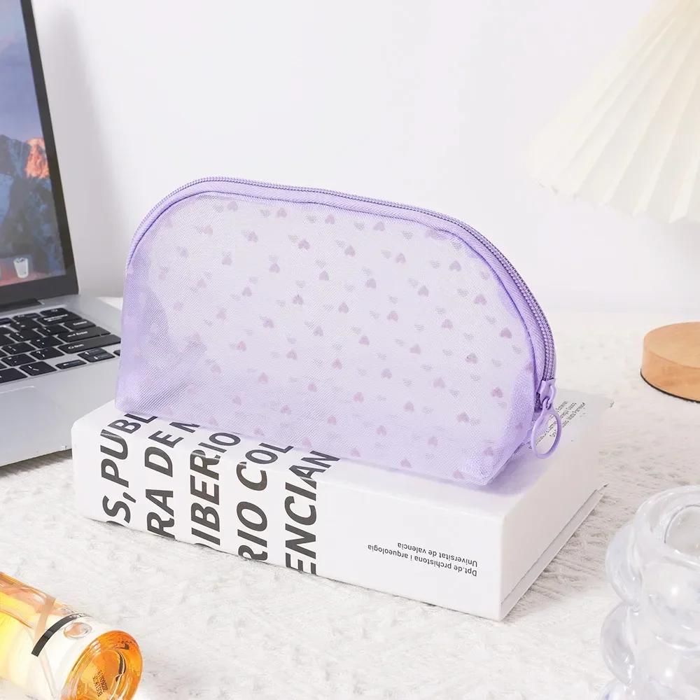 Women Cosmetic Pouch Toilet Storage Bag Ladies Toiletry Lipstick Key Coin Organizer Bags Purse Heart Transparent Mesh Makeup Bag