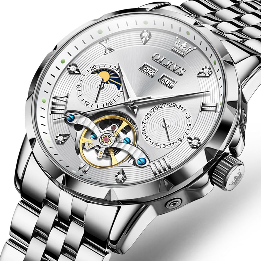 OLEVS Mechanical Automatic Winding Moon Phase Stylish Skeleton Waterproof Popular Watch Luminous Watch for Men White Men's