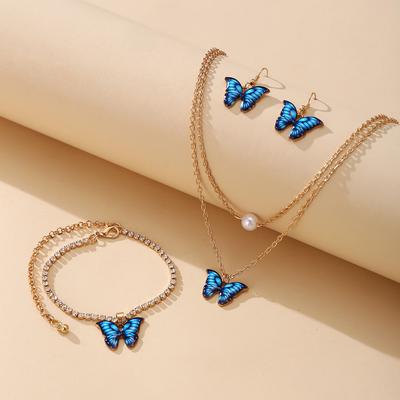 4pcs/set Classic Butterfly Pendant Necklace and Earrings Bracelet Set Party Jewelry Set for Women Accessories Gifts
