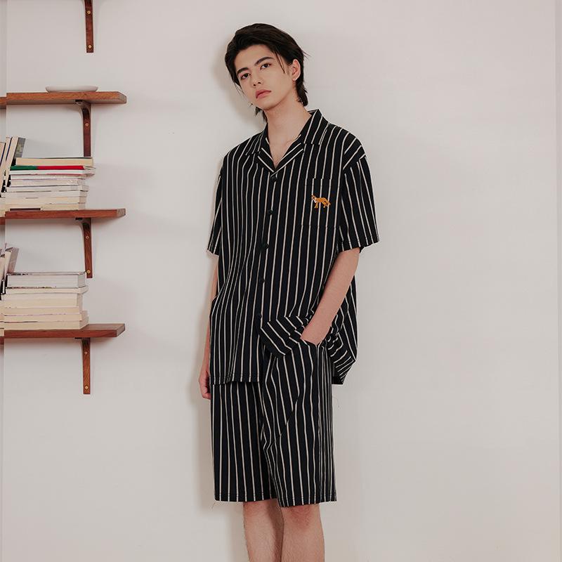 Men s Black Stripe Short Sleeve Antibacterial Cotton Pajama Set Large