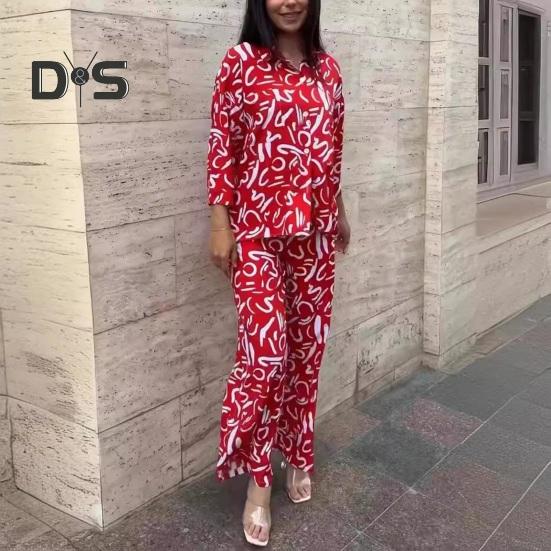 

2 шт./компл., женская рубашка и брюки, комплект с длинными рукавами и воротником с лацканами, однобортная блузка с высокой талией, свободные брюки полной длины, комплект повседневной домашней одежды, наряд L красный