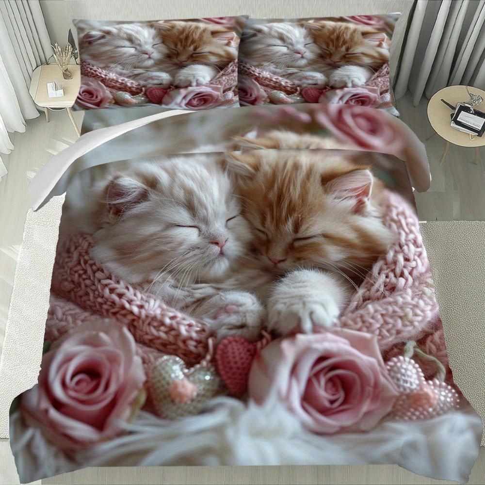 Lifesmells 2/3pcs Adorable Sleeping Kittens Duvet Cover Set Sweet Kitten Pattern Bed Cover Set Cozy and Charming Bedding Set