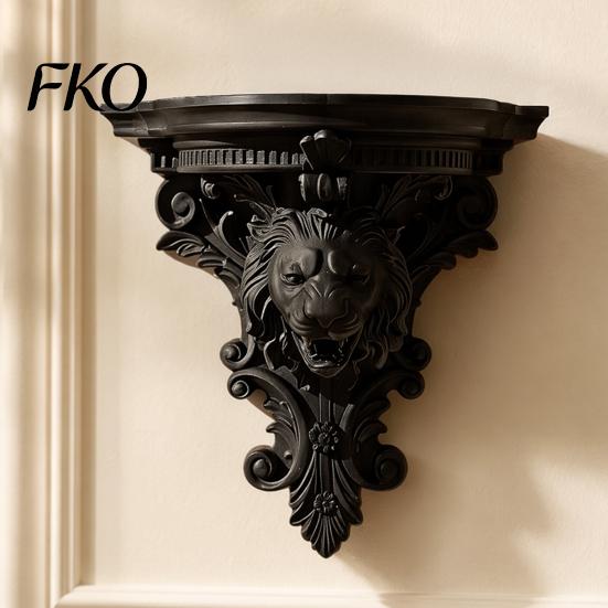 Decorative Wall Shelf Shelf, Matte Black Texture Stand, Retro Lion French Style Embossed Mounted Thickened One-Piece Structure Display Rack