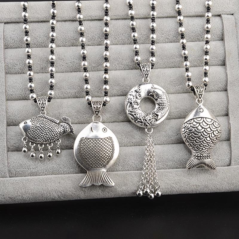 Tibetan Silver Four Directions Wealth Tassel Pendant Necklace Long Necklace Pendant Vintage Versatile