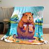 A Cheerful Guinea Pig Holding Two Drinks by a Lake In a Colorful Setting. for All Seasons Blanket Lunch Break Throw Gift