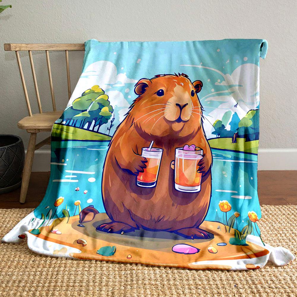 A Cheerful Guinea Pig Holding Two Drinks by a Lake In a Colorful Setting. for All Seasons Blanket Lunch Break Throw Gift
