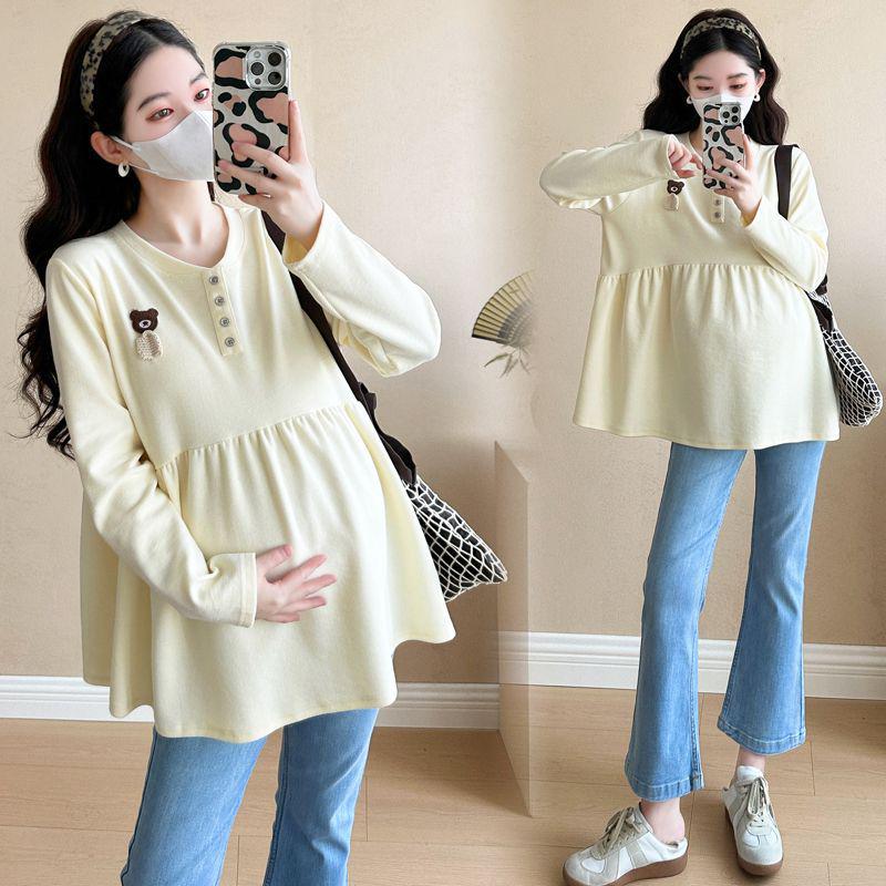

Korean Style Loose Fit Plus Size Maternity Top - Casual Long Sleeve Doll Shirt for Spring & Autumn, Belly Covering T-shirt for Pregnant Women M абрикосовый