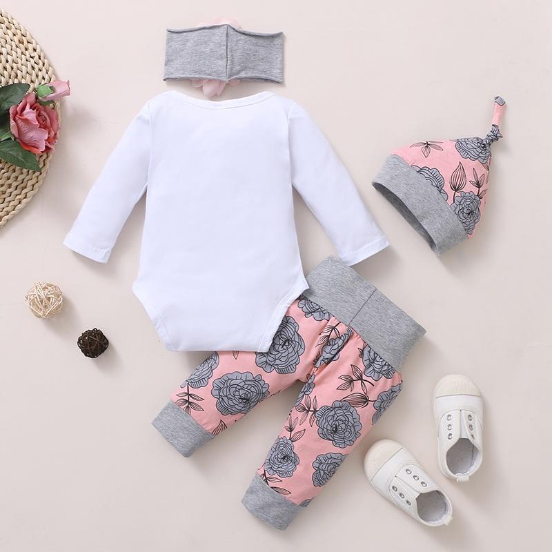 0-18 Monate Neugeborenes Baby Mädchen Kleidung Langarm Strampler Rose Hose mit Mütze & Stirnband Frühling 4-teiliges Outfit Kleinkind Mädchen Kleidung