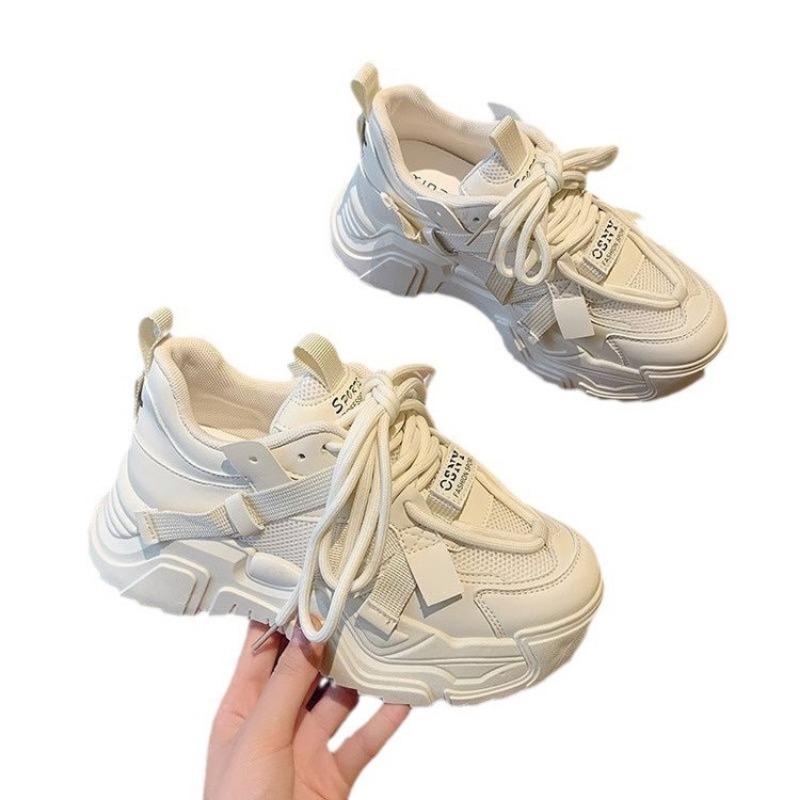 Spring and summer new mesh college style platform casual sports shoes round head lace-up heightening dad shoes women