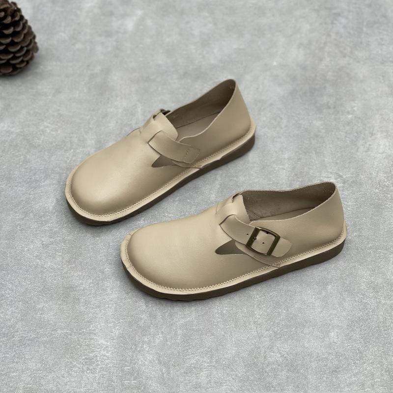 Johnature Handmade Genuine Leather Loafers Casual Women's Shoes Soft Soled Soft Cowhide Solid Color Flat Shoes