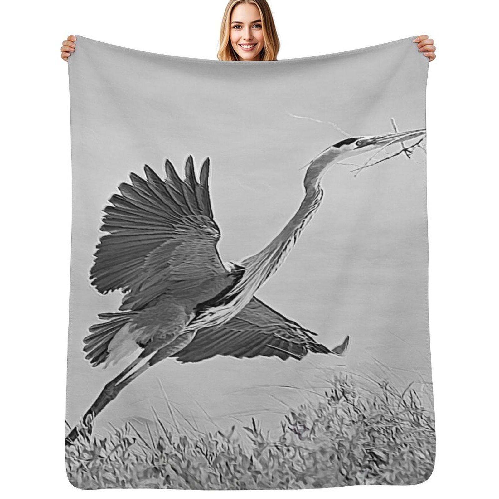 Great Blue Heron Nest Building Time Black and White Throw Blanket Summer Cool Breathable Blanket for Sleeping Size: 75*100cm, Weight: 230 GSM