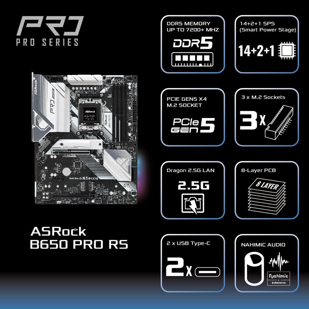 ASRock Motherboard B650 Pro RS Compatible with AMD Ryzen 7000 Series CPU B650E ATX Motherboard Authorized Distributor (Soket AM5) [Domestic Product]