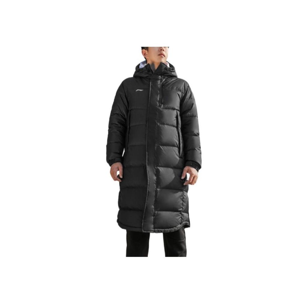 Li Ning Solid Color Hooded Zipper Logo Print Mid-Length Thick Down Jacket Men Outerwear Black AYMS197-1