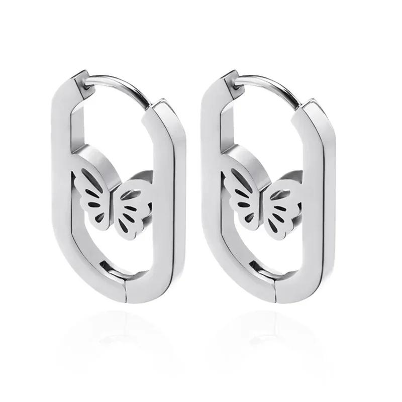 

Cute Geometric Circle butterfly Hoop Earrings for Women Korean Fashion Stainless steel Dangle Earrings Jewelry Accessories Gift