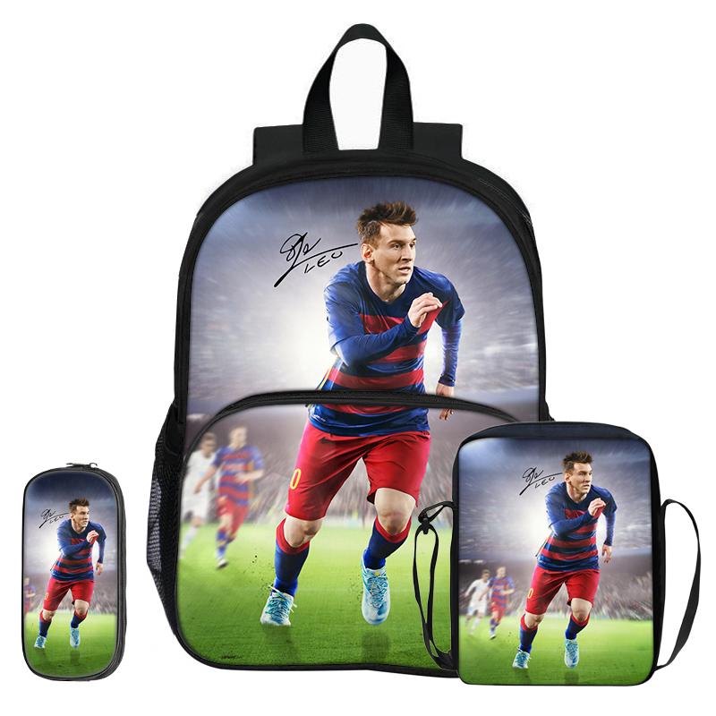 M-Messi 3Pcs Set with Front Pocket Backpack Football Sports Shoulder Bags Football Star Pencil Bag Student School Bags Rucksack