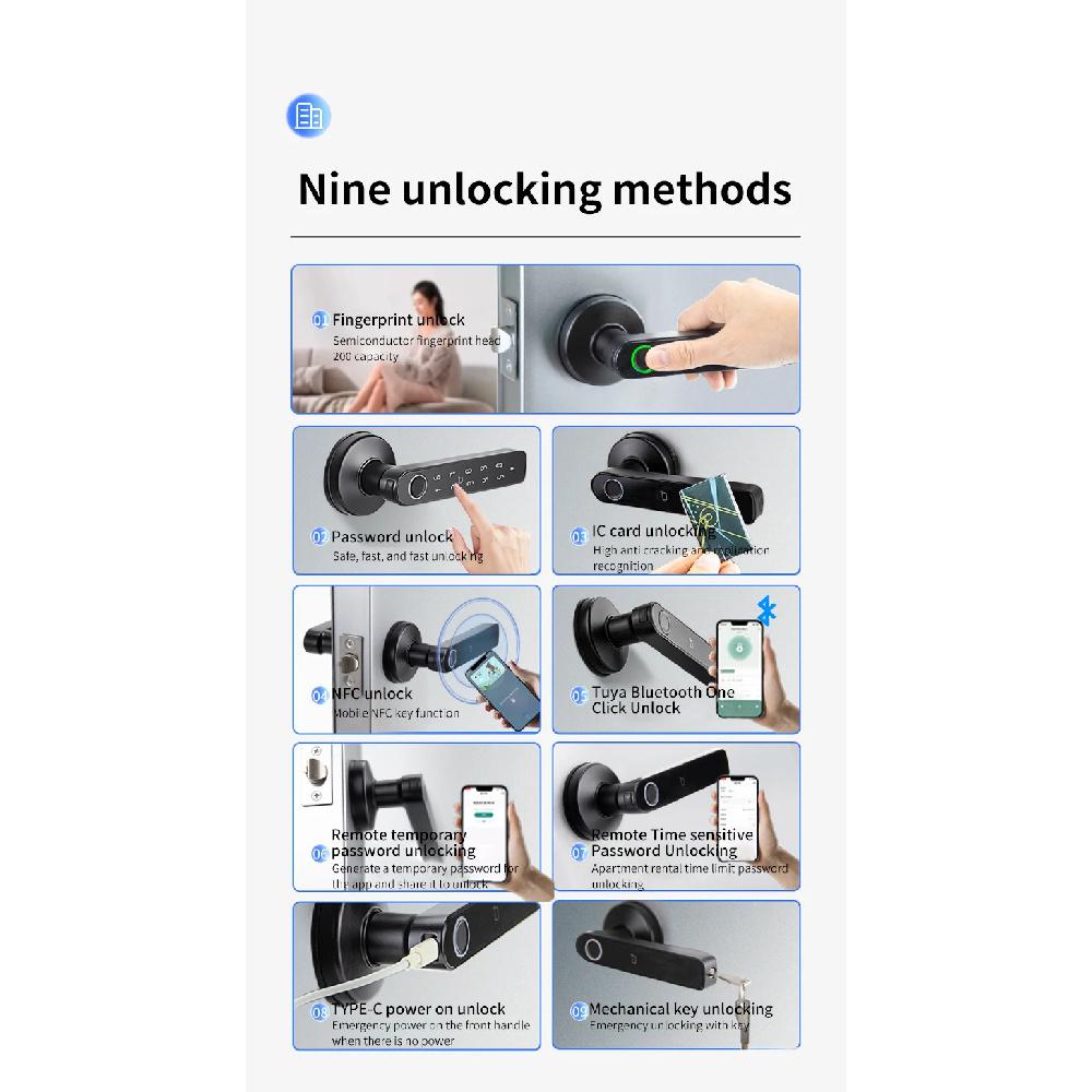 Q50 Bluetooth tuya Door Knobs Fingerprint Lock Handle Door Entrance Passage RFID CardLock With Key Password Lock IP65 waterproof