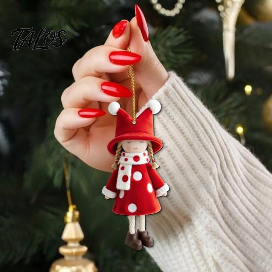 Winter Holiday Party Favors Red And White Doll Hanging Pendants for Christmas Tree, Decorative Wooden Girls Unique Tree Ornament, Seasonal Ornaments