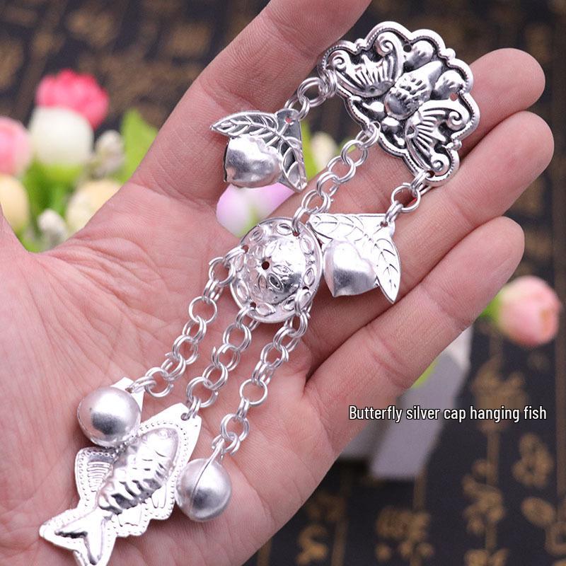 Miao Ethnic Silver Pendants & Handmade Hanfu Hairpin Accessories with Sesame Bells