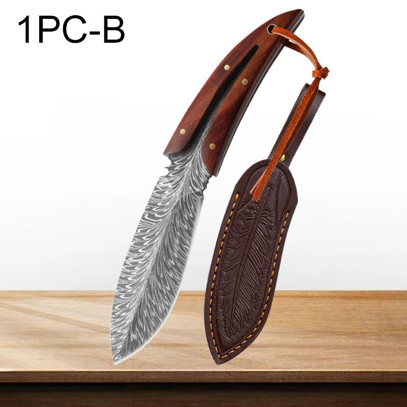 Stainless Steel Meat Cleaver Hand Forged Feather Pattern Boning Knife Multi Steak Kitchen Knife Fruit Peeler BBQ Cooking Tools